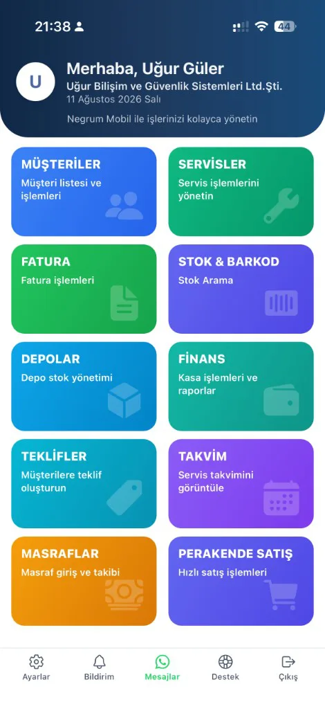 Negrum mobil uygulaması ana menü ekranı